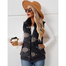 LOMON Womens Vest Fall Winter Fashion 2024 Fuzzy Fleece Sherpa Jacket Warm Zip Up Cardigan Outwear with Pockets Black Geometric L