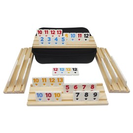 Rummy Cube Game with 4 Wooden Racks, 106 Rummy Tiles Game Set with Travel Case Rummy Cube Travel Set with 4 Tiles Holders for Family Game Night