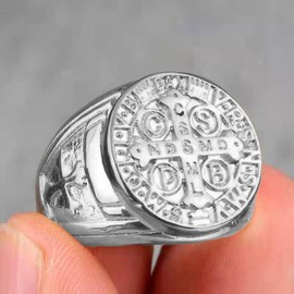 REchoLI Cross Ring for Man,Silver Stainless Steel Saint Benedict CSPB Cross Ring Christian Jewelry Size 8-12 (10)