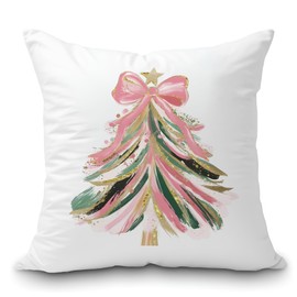 KAIOUS Pink and Gold Christmas Decor Pillow Covers — Colorful Bow Pink Green Gold Christmas Tree Decorative Throw Pillow Covers for Couch Sofa Chair Living Room Bedroom 18x18 Inches