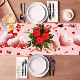 Valentine Table Runner, Rose Petals Love Heart Linen Table Runner, Red Valentine Anniversary Wedding Decor, Seasonal Winter Holiday Kitchen Dining Table Decoration for Indoor Outdoor Home Party