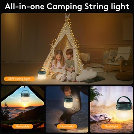 Outdoor Camping String Lights, 33FT Rechargeable Waterproof Hanging Lights, Solar and USB Rechargeable Camping Lights, for Camping Garden Party Holiday Decoration (Green)