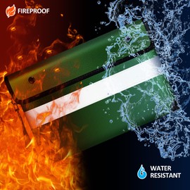 Vailoin Fireproof Money Bag for Cash, 5200℉ Insulated Fire and Waterproof Document Pouch with Water Resistant Zipper,Fireproof Envelopes for Important Documents, Valuables (11"x7.7",Green)