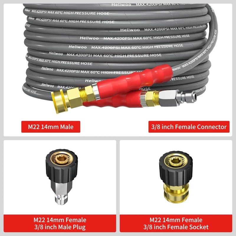 Heliwoo 25FT 4200PSI Pressure Washer Hose 1/4" Flexible Wire Power