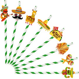 24 Pcs Fiesta Paper Straws – Mexican Theme Disposable Drinking Straws with Sombrero, Llama, Taco, Poncho, and Maracas Decorations for Cinco de Mayo, Taco Nights, and Fiesta Parties