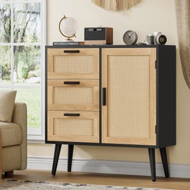 Iwell Storage Cabinet with Rattan Door & 3 Drawers, Rattan Cabinet with Adjustable Shelf for Living Room, Dining Room, Entryway, Black+Natural