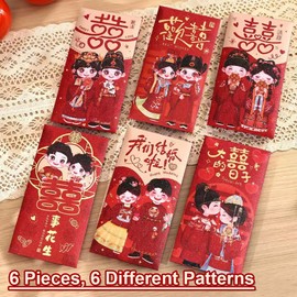 BAIWOVIS Chinese Red Envelopes for Wedding, 6 Pieces Lucky Money Envelopes of Vintage Cute Cartoon Bride and Groom Patterns, Traditional Chinese Wedding Accessories for Blessing (002)