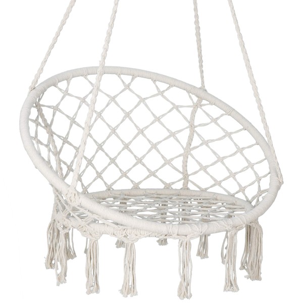 SUPER DEAL Macrame Hanging Chair Swing Chair with Tassels, Bohemian Style Cotton Rope Mesh Hammock Chair for Indoor & Outdoor Perfect Decor and Relaxation Choice for Home, Garden, Patio, Yard