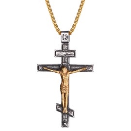 Aroncent Eastern Orthodox Cross Necklace: Stainless Steel Jesus Crucifix Pendant with Chain - Byzantine Russian Religious Jewelry Gift 23.6"