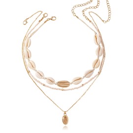 Seashell Necklace for Women Gold Shell Pendant Necklace Layered Puka Shell Necklaces Sufer Necklace Summer Beach Jewelry Gift for Girls Summer Outfits for Women