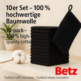 Betz Pack of 10 Wash Glove Mitts PREMIUM 100% Cotton 16x21 cm (black)