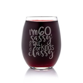 60th Birthday Sassy Stemless Wine Glass - Gifts for Women, Sixtieth Birthday Present - 5 Glasses