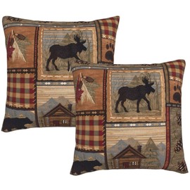 DATANSEN Set of 2 Square18x18 inch Retro Brown Throw PillowCovers Rustic Lodge Bear Moose Decorative Throw Pillowcase for Home Sofa Soft Velvet Cushion Cases (45x45 cm) House Cabin Pine Nut