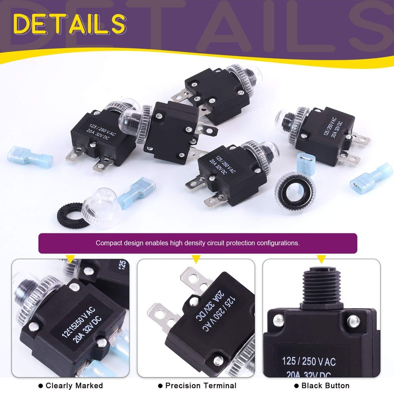 Swpeet 30Pcs 20Amp Thermal Circuit Breaker with Quick Connect Terminals