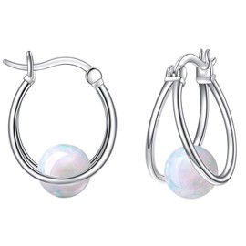 POPLYKE Gemstone Double Hoop Earrings for Women Sterling Silver Pearl Moonstone Turquoise Black Onyx Opal Lapis Lazuli Earrings for Women, Sterling Silver, Opal