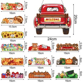 MaiYiYi 12 PCS Diamond Painting Hanging Pendant, Welcome Diamond Art Painting Sign Kit, Interchangeable Seasonal Wooden Truck Ornament Sign Diamond Painting Set for Home Farmhouse Decor (Red)