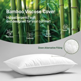 Hypoallergenic Bamboo Viscose Soft Pillow with Down Alternative Filling, Standard/Queen Size, Breathable Luxury Hotel Quality for All Sleeper, Oeko-Tex Certified, Machine Washable