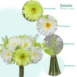 VIBILY Artificial Daisy Flowers Wildflowers Bouquet for Table Vase Decor, Lifelike Fake Silk Spring Flowers, Perfectly Mimics Real Daisy and Spring Blooms (Green & White)