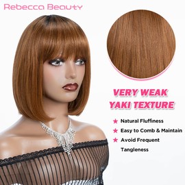 Rebecca Beauty Bob Wig with Bangs Human Hair Ombre Brown Straight Bob Wig with Very Light Yaki 10 Inch Short Non Lace Bob Wig for Black Women (Color TT1B/30)