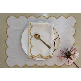 Cotton Linen Scallop Edge Placemats Set of 4, Woven Placemats for Dining Room Table Decor, Washable Cloth Table Mats for Kitchen, Living Room, Wedding, Party, Home Decor, 14" x 18" (Yellow)