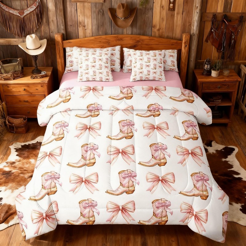 7 Pieces Western Cowgirl Comforter Set Full,Pink Bowknot Cowgirl Boots