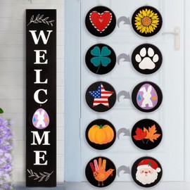 Perfnique Welcome sign for front porch standing, 47 x 7.9 Inch Wooden Leaner Sign with 10 Interchangeable Designed Icons, Seasonal Decor for Spring Easter Fall Christmas(Black)