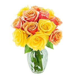KaBloom PRIME NEXT DAY DELIVERY - Fall Collection - Bouquet Of 12 Orange and Yellow Roses (Farm-Fresh, Long-Stem) with Vase .Gift for Birthday, Anniversary,Valentine, Mother’s Day Fresh Flowers