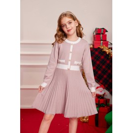 GRACE KARIN Girls Sweater Fall Dress Long Sleeve Knit A Line Contrast Casual Winter Dresses Pink Size 6-7