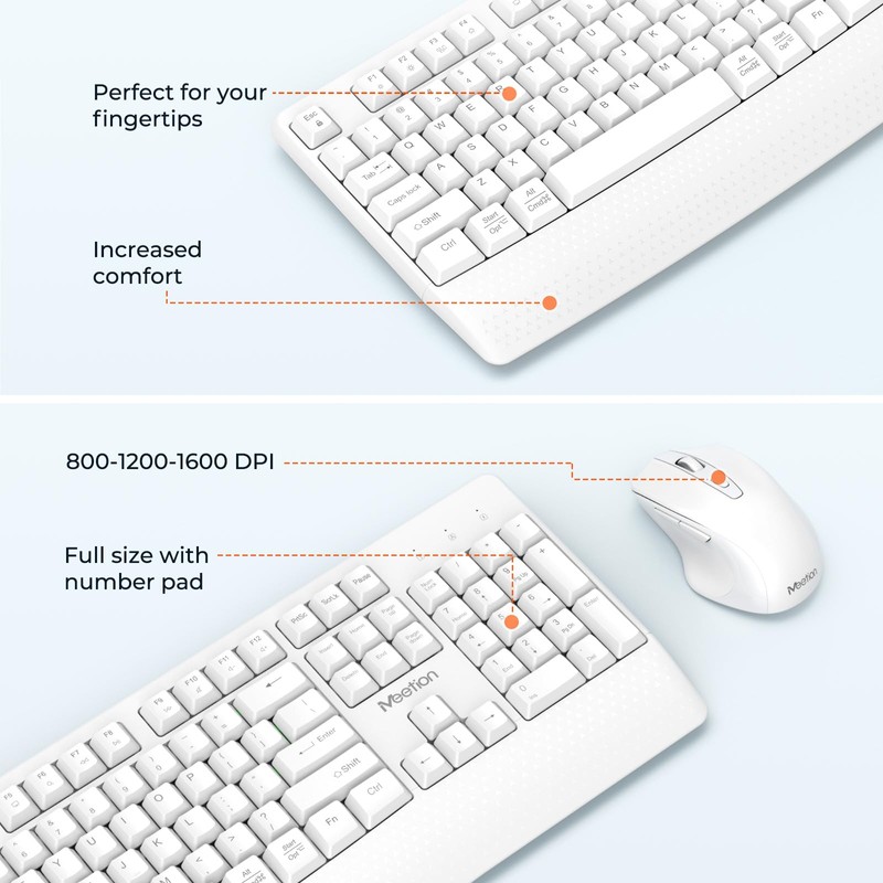 MEETION Wireless Keyboard and Mouse White, 2.4G USB Receiver Plug-and-Play,