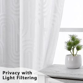 Simplebrand White Sheer Curtains 54 Inch Length 2 Panels, Geometric Mid Century Jacquard Clip Textured Short Curtains Sheer for Bedroom, Light Filtering Rod Pocket Window Curtains, 42Wx54L Inches