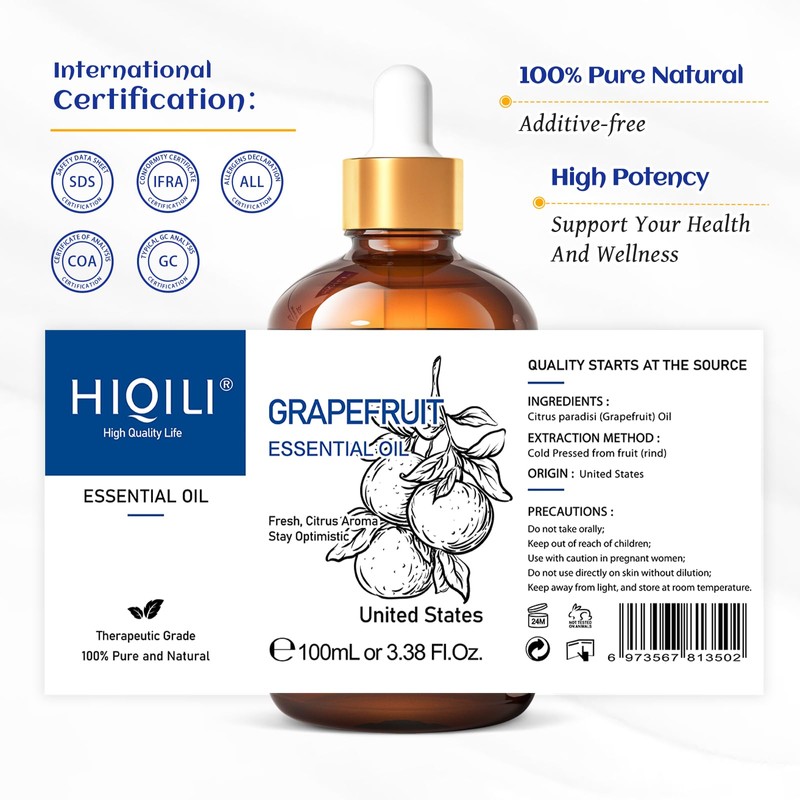 HIQILI Grapefruit Essential Oil,100% Pure Undiluted Premium - 3.38 Fl