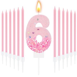 MTLEE Number 6 Birthday Candle with 12 Pcs Spiral Candles for Girls