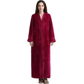 BIFINI Unisex Luxury Sherpa Bathrobe Full Length Zip Up Housecoat Sleepwear Burgundy L