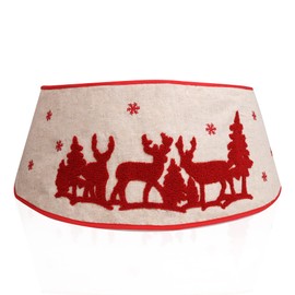 Christmas Tree Base Cover with Reindeer Design, Tree Collar as a Base Cover for Christmas Trees, Tree Skirts for Artificial Trees, Rustic Christmas Tree Skirt as a Farmhouse Christmas Décor, Red, 30in
