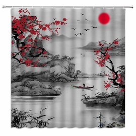 FILMILIL Asian Japanese Shower Curtain Cherry Blossom Red Sun Grey Misty Mountains Chinese Christmas New Year Traditional Ink Plum Blossom Bathroom Curtains Polyester Fabric with Hooks 70 X 70 Inch