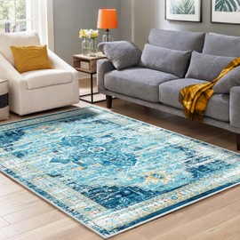 ANSSO 4x6 Washable Area Rug, Ultra Soft Vintage Faux Wool Rug, Pets & Kids Friendly Carpet for High Traffic Living Room, Office, Entryway Aqua