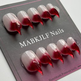 Luxury Press on Nails Short Stiletto Handmade Cat Claw Unique Reusable ABS Material Red Fake Nails Eagle Claw False Nails with Gradient Designs Glossy Glue on Nail Curved Thick Acrylic Nail(M)
