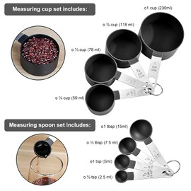 Measuring Cup and Spoons Set,8 PCS Stackable Cups and Spoons, Kitchen Gadgets for Cooking and Baking, Nesting Measure Cups with Stainless Steel Handle (Black)