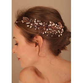 Deniferymakeup Gold Leaves Hair Vine Pearls Hair Vine Bridal Headpiece Wedding Hair Jewelry Hair Accessory for Women and Girls (Rose Gold)