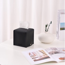 Gashina Story Non-Falling Tissue Box Cover - Premium PU Faux Leather Kleenex Holder - 5"X5"X5" Square Decorative Organizer for Car, House, Bathroom - Black