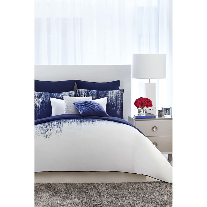 Vince Camuto Lyon Blue and White Cotton 1-Piece Shower Curtain