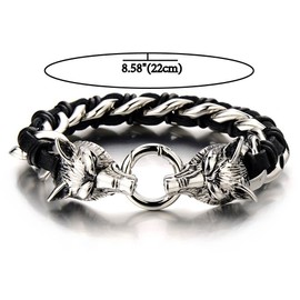 COOLSTEELANDBEYOND Stainless Steel Mens Wolf Head Curb Chain Bracelet Interwoven with Black Genuine Braided Leather(CA)