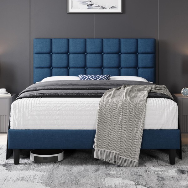 Yaheetech Upholstered Bed Frame, Modern Queen Bed Platform with Square