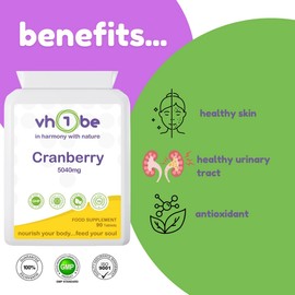 Cranberry Tablets 5040mg – 90 Vegan Tablets | High Strength Cranberry Supplement for UTI Prevention - Urinary Tract, Bladder Support & Kidney Cleanse | 3 Month Supply | Non-GMO, UK Made by vh1be