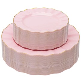QualQuot 120PCS Pink Plastic Plates, Heavy Duty Disposable Party Plates with Gold Rim, Fancy 60 Dinner & 60 Dessert Plates for Parties and Wedding