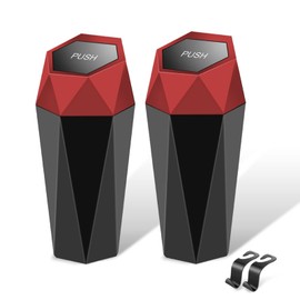 Tulsondai Mini Car Trash Can, Plastic Metal Car Garbage Trash Can 2 Pack, Small Little Bin Push Type, Red