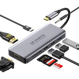 UP PARTS USB Hub Docking Station UP-DS-9866T 9 in 1 USB C 87W Power Supply 2 Ports HDMI 4K VGA USB 3 5GB 2 Ports US B 2 Card Reader Audio 3.5mm Italian Company
