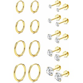 9 pair earrings set for multi piercing allergy prevention 14K gold plated small Huggie hoop earrings Women's ball square crystal Zircon gold flat back stud earrings Drop (Gold)