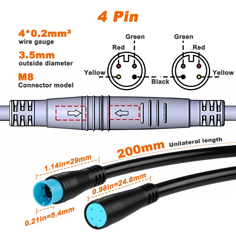 baluoqi Waterproof Cable - 4Pin Connectors for Ebike Extension Cable,