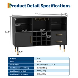 47 Inch Coffee Bar Cabinet, Wood Liquor Cabinet with Storage, Charging Station & RGB LED Light, Modern Bar Table Furniture for Dining Room Living Room Apartments- Black